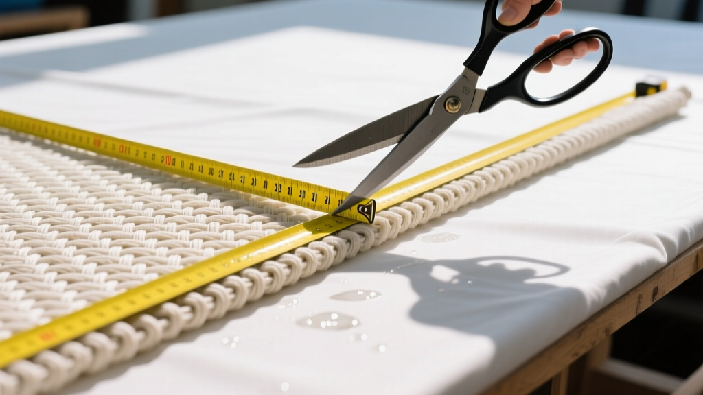 Close-up of heavy-duty marine-grade woven polyester boat cover fabric being measured and cut on a large canvas worktable with yellow measuring tape