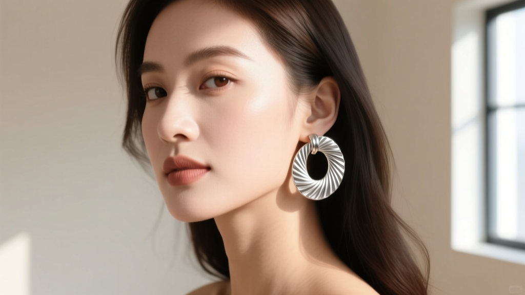 Profile of a woman wearing 30mm fluted silver twist hoops, showing how the textured metal catches bright, natural window lighting.