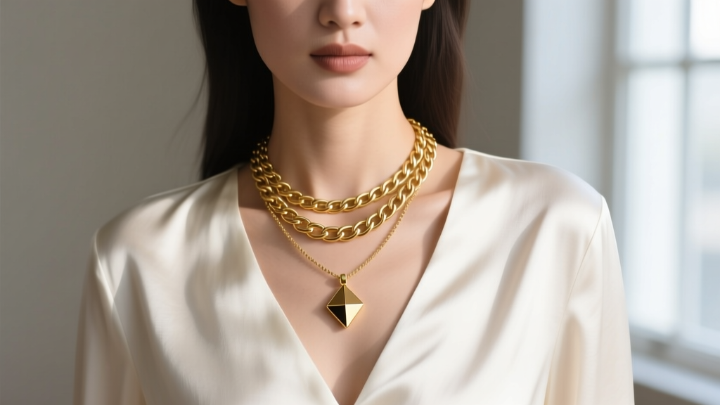 Close-up of a woman in a V-neck silk blouse wearing a 16-inch gold figaro chain layered with a 20-inch lariat pendant necklace.