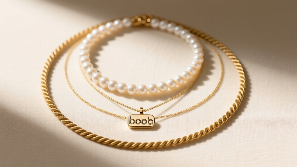 Overhead flat lay of three layered necklaces featuring a small boob pendant, a pearl choker, and a long matte gold rope chain.