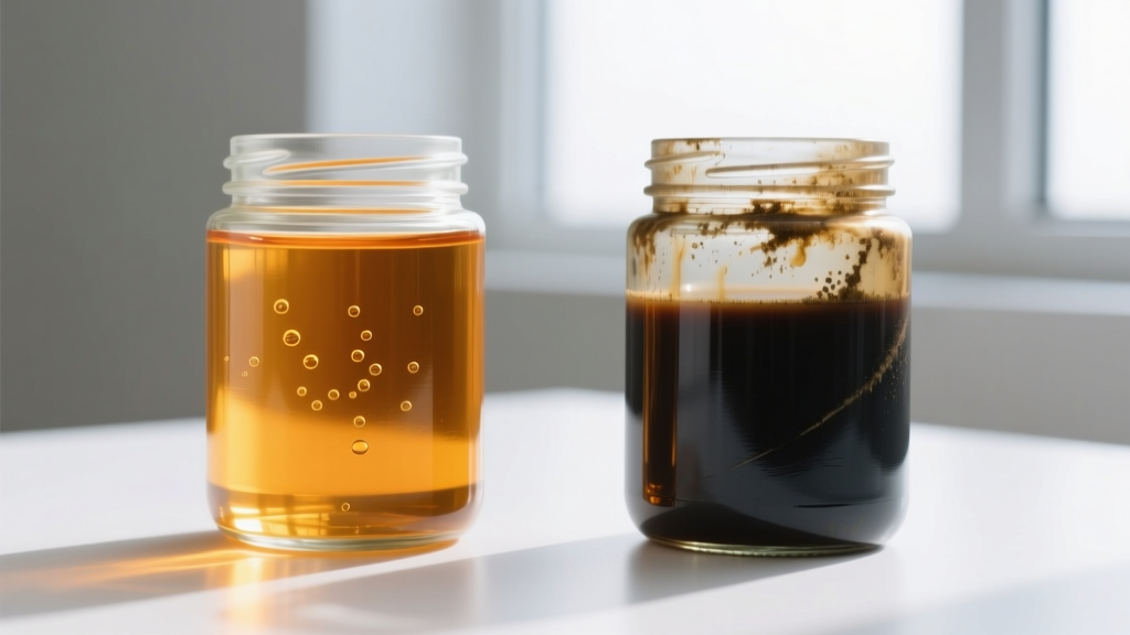 Comparison of new amber synthetic gear oil next to dark degraded conventional front differential fluid in glass jars