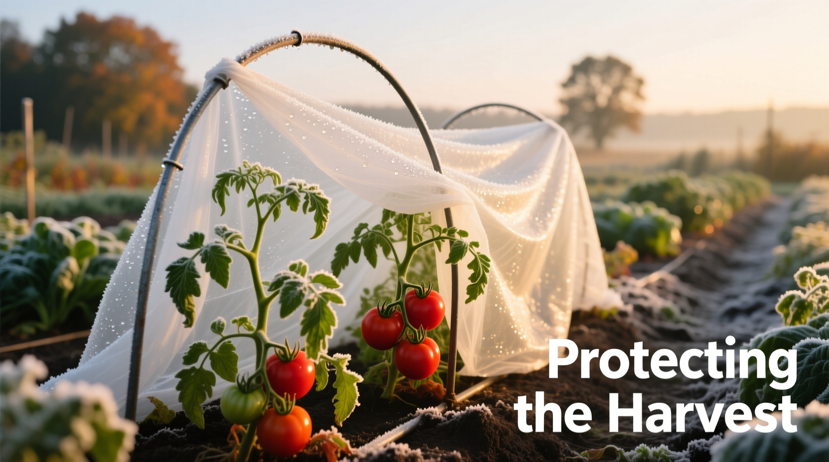 Tomato plants protected with frost cloth during cold weather