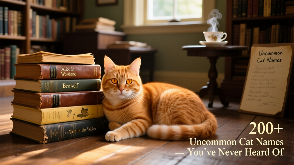 A ginger cat curled up beside a stack of well-worn books, including classics like 'Alice in Wonderland' and 'Beowulf'