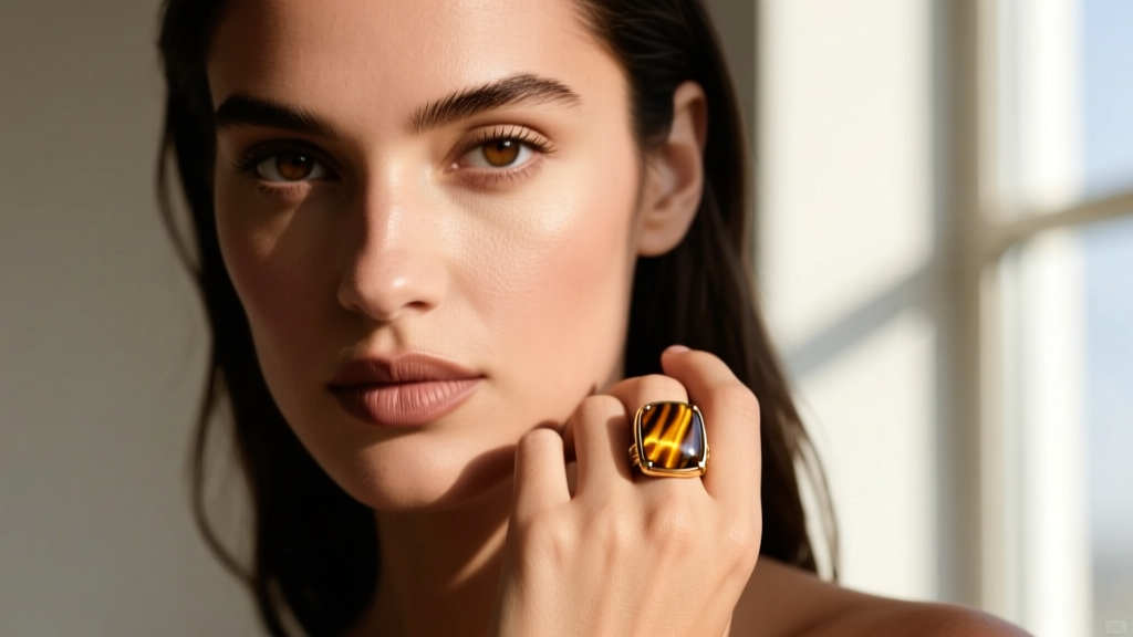 Close-up of a woman with olive skin wearing 6mm bezel-set tiger's eye studs, capturing the gold flash in bright natural sunlight.