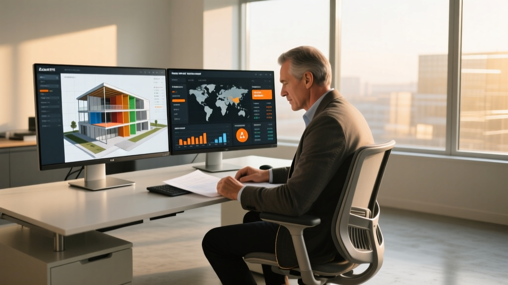 Construction estimator analyzing a 3D BIM model on a dual-monitor setup with dynamic material pricing dashboards and AI waste-reduction alerts