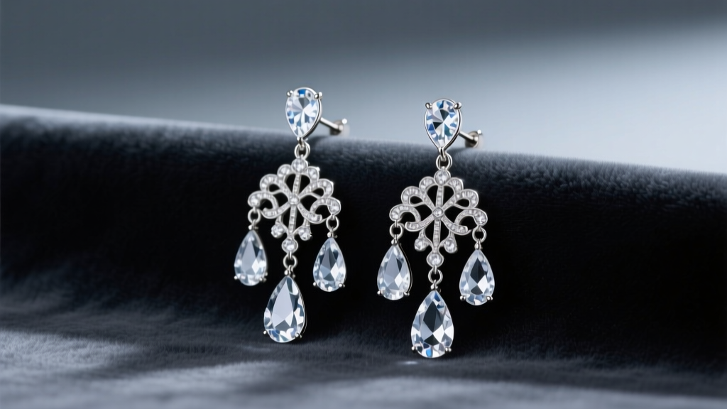 Glinda-style chandelier earrings with teardrop crystals and silver filigree resting on dark velvet under soft studio lighting.