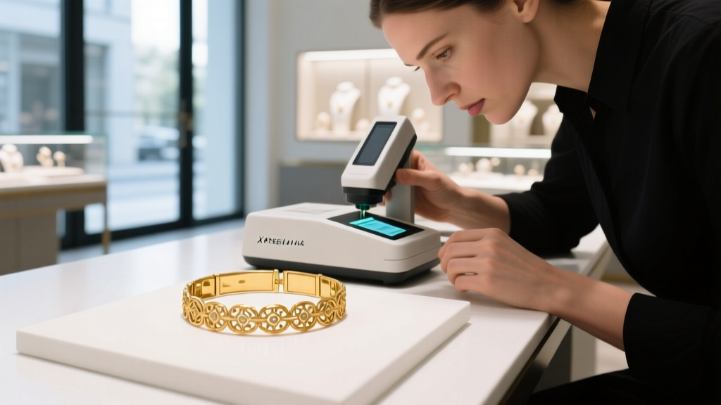 Jeweler using an XRF spectrometer to test the purity of a vintage 14k gold bracelet on a clean white workbench in a modern store