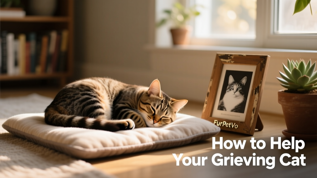 A relaxed cat curled up on a heated FurPetVo cat mat beside a small, tasteful memorial photo frame