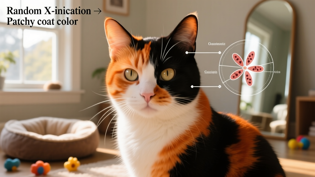Diagram illustrating X-chromosome inactivation in female cats, showing how random silencing leads to orange and black fur patches