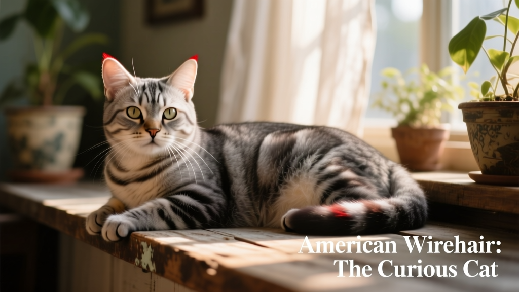 grey, red, and white American Wirehair cat laying on a ledge