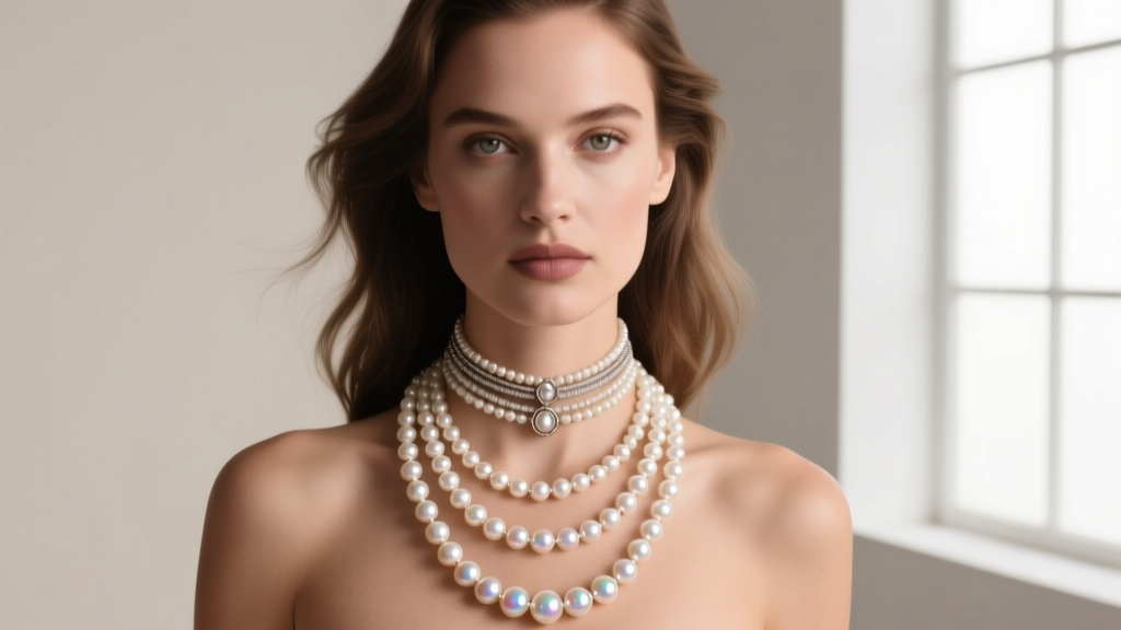 Fashion editorial shot of a woman wearing a layered 16-inch choker and 24-inch opera length baroque freshwater pearl necklace.