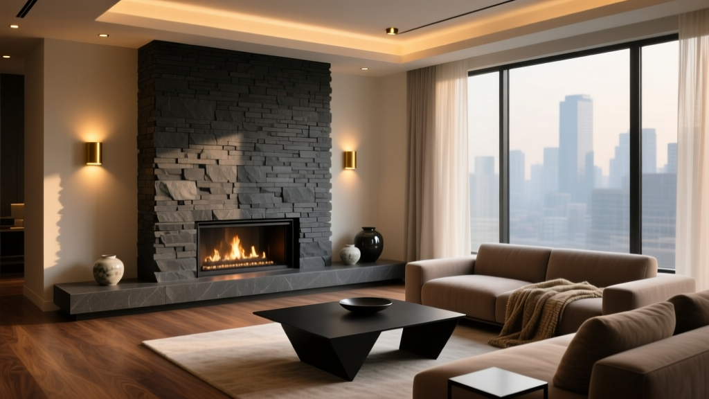 Modern living room fireplace clad in dark charcoal stacked stone thin veneer panels illuminated by warm ambient lighting.