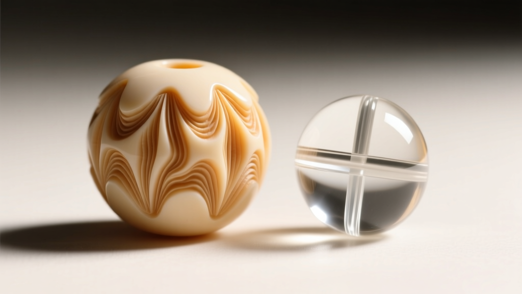 Macro photo of a carved creamed corn yellow bakelite bead next to a modern acrylic bead, highlighting deep carving grooves