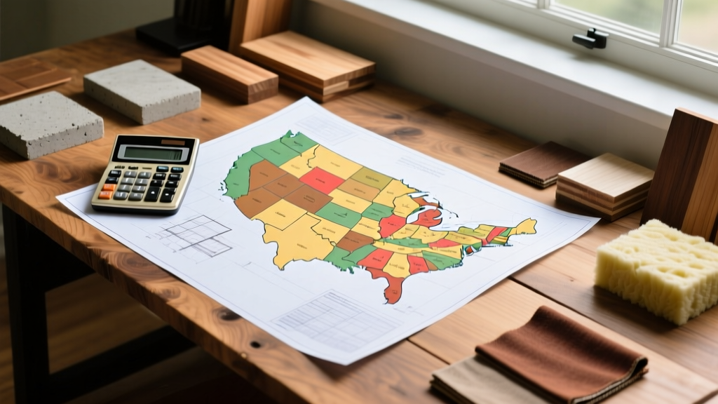 Blueprints on a wooden desk with a calculator, regional US map, and material samples for construction cost estimating