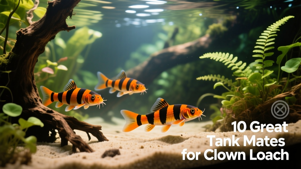 Clown loaches exploring a naturalistic aquarium with sand substrate, driftwood, and lush live plants