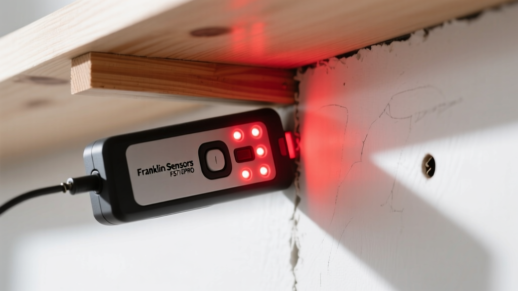 Franklin Sensors FS710PRO stud finder glowing red LED array against white drywall detecting a wooden wall stud edge during shelf installation