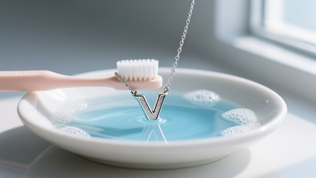 Soft baby toothbrush gently scrubbing the inner crevices of a sterling silver v initial necklace submerged in mild soapy water