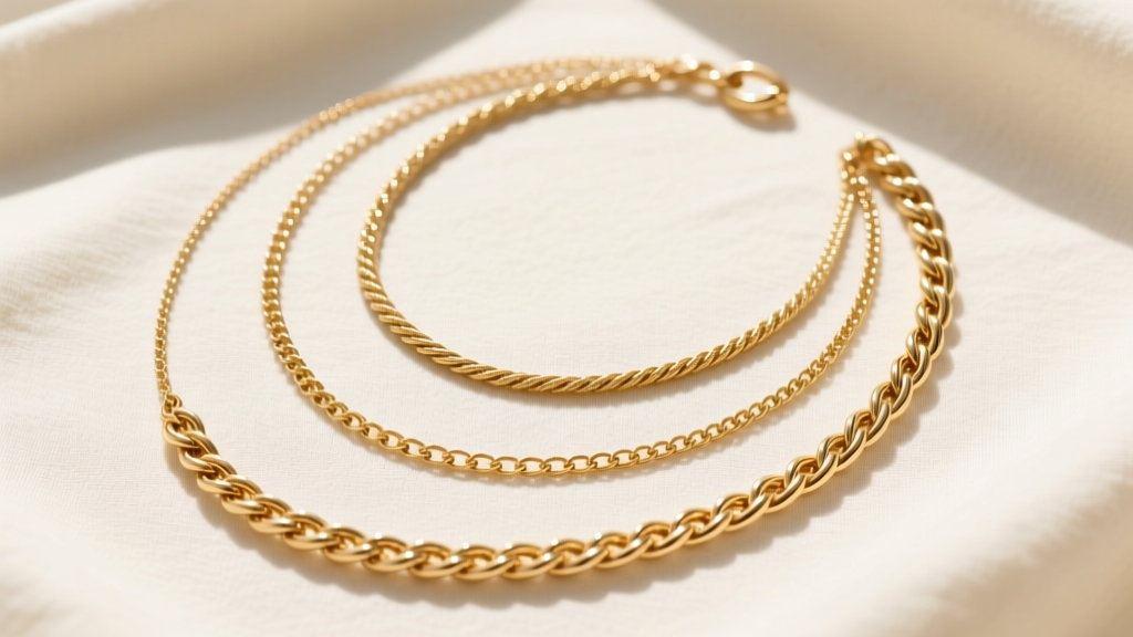 Overhead flat-lay of a curated necklace army featuring four distinct gold chains of varying lengths and textures on cream linen
