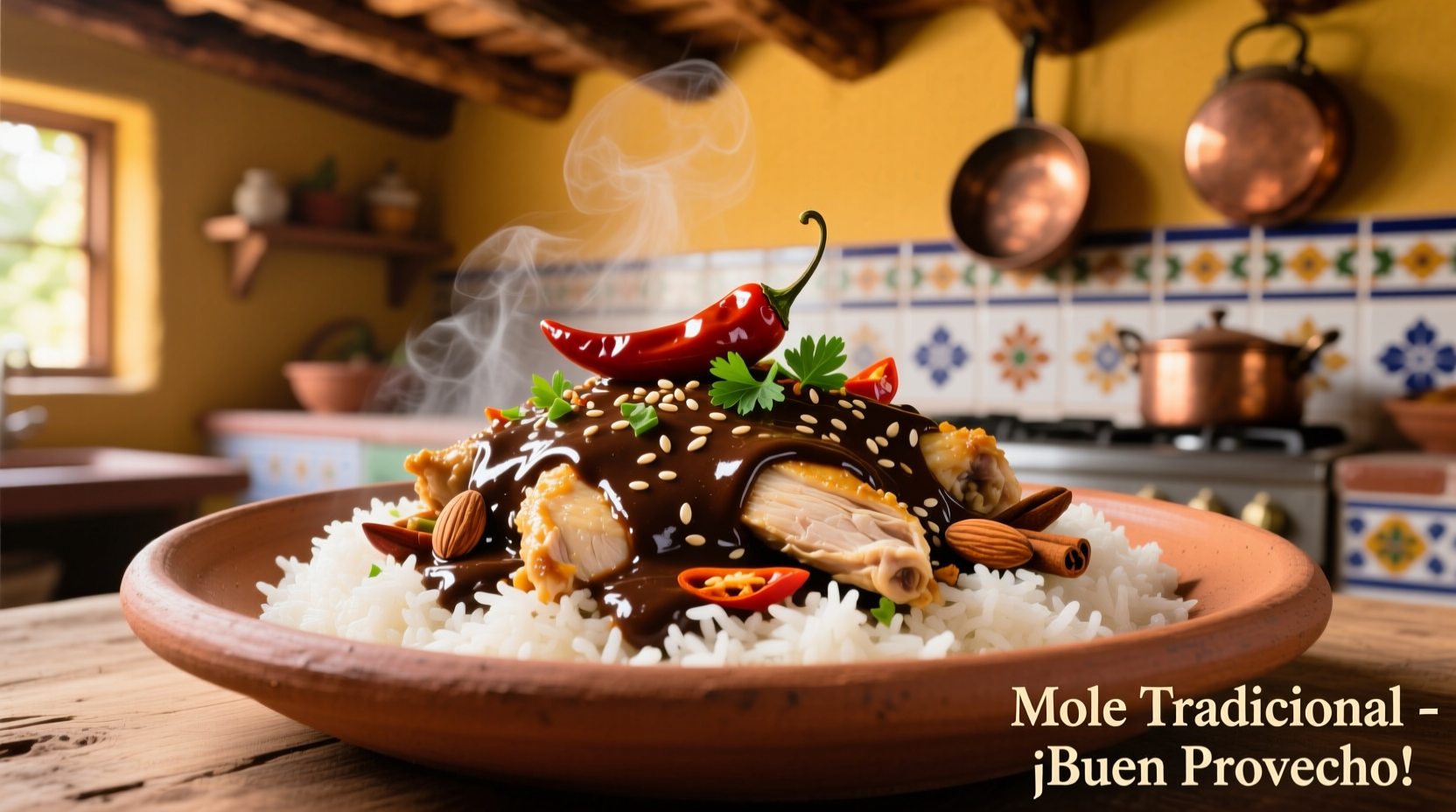 Traditional Mexican mole served with chicken and rice