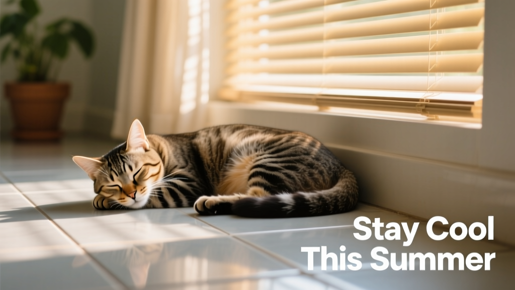 A relaxed cat napping on a cool tile floor near a closed window with blinds drawn