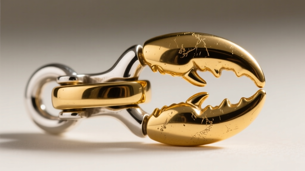 Macro shot of a gold-plated sterling silver lobster clasp showing minor wear on the high-friction hinge joint and lever mechanism