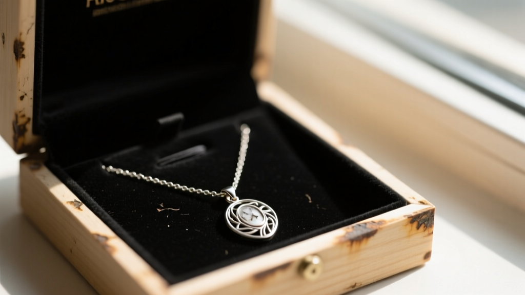 Close-up of silver necklace tarnishing inside an unsealed MDF retail jewelry display case lined with dark velvet fabric material.