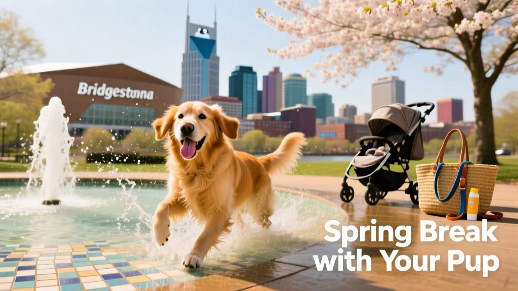 A happy dog splashing in a shallow fountain at Riverfront Park, with the Nashville skyline visible in the background