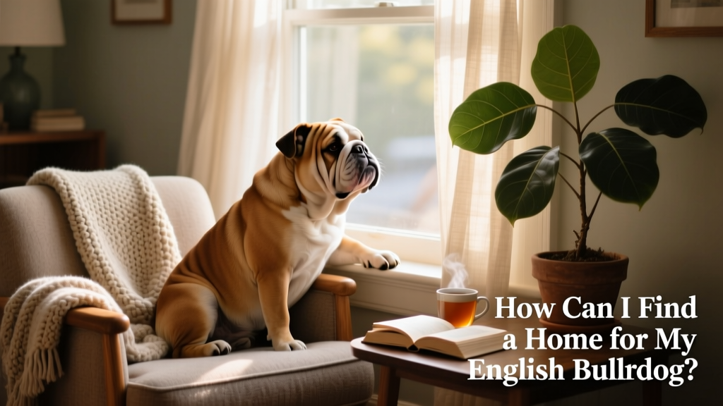 English Bulldog sitting calmly beside a cozy living room window, looking relaxed and content