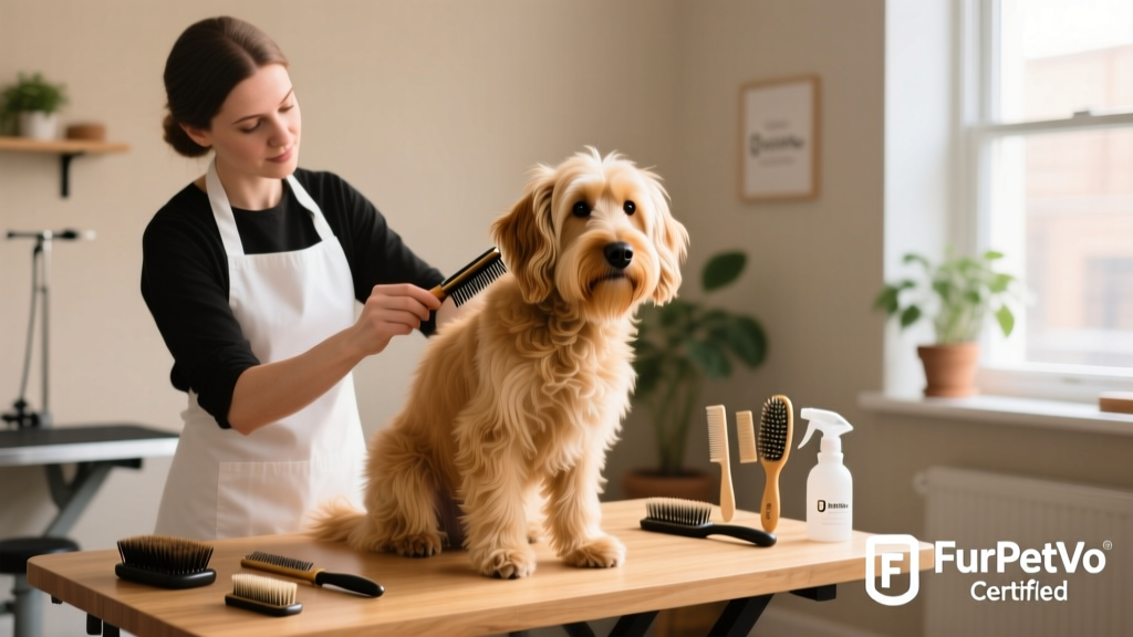 A FurPetVo-certified groomer gently brushing a Wheaten Terrier’s coat during a grooming session