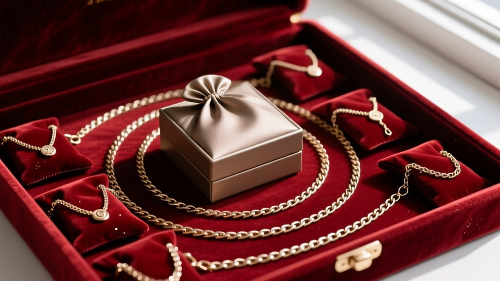 Close-up of bagged box and figaro chains on a velvet-lined jewelry organizer, preventing metal tangling and surface oxidation.