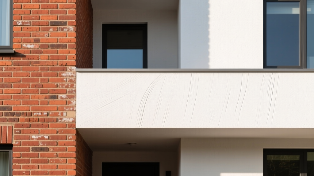 Split view of a modern home exterior showing traditional red clay brick masonry on the left and smooth white three-coat stucco on the right