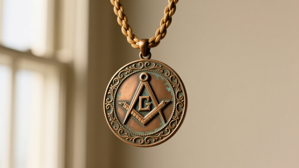 Antique bronze George Washington Masonic medallion pendant on a thick wheat chain, showcasing engraved square and compass symbols.
