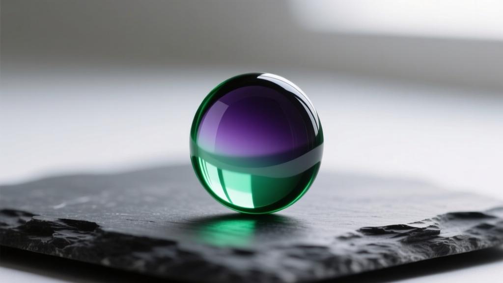 Macro shot of a round glass cabochon mood pendant showing a gradient from deep violet to bright green resting on dark slate