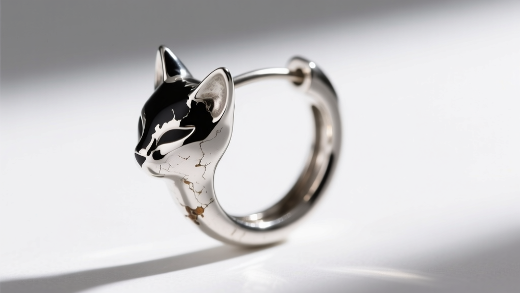 Macro shot of a silver cat hoop earring with chipped black enamel on the ear tip, revealing raw, slightly tarnished silver beneath.