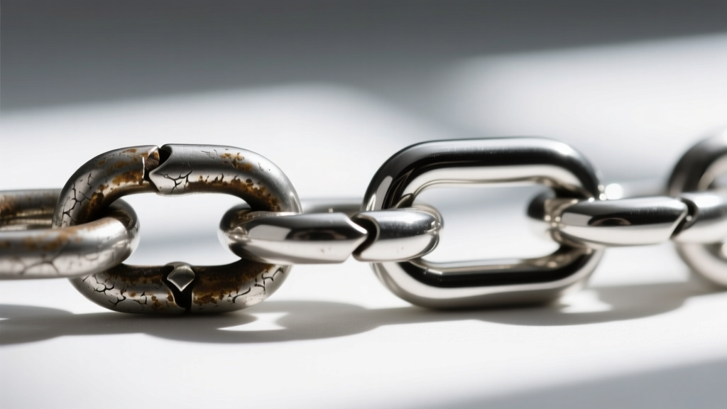 Macro shot of a 20-gauge sterling silver rolo extender chain link showing oxidation next to a bright polished titanium link.
