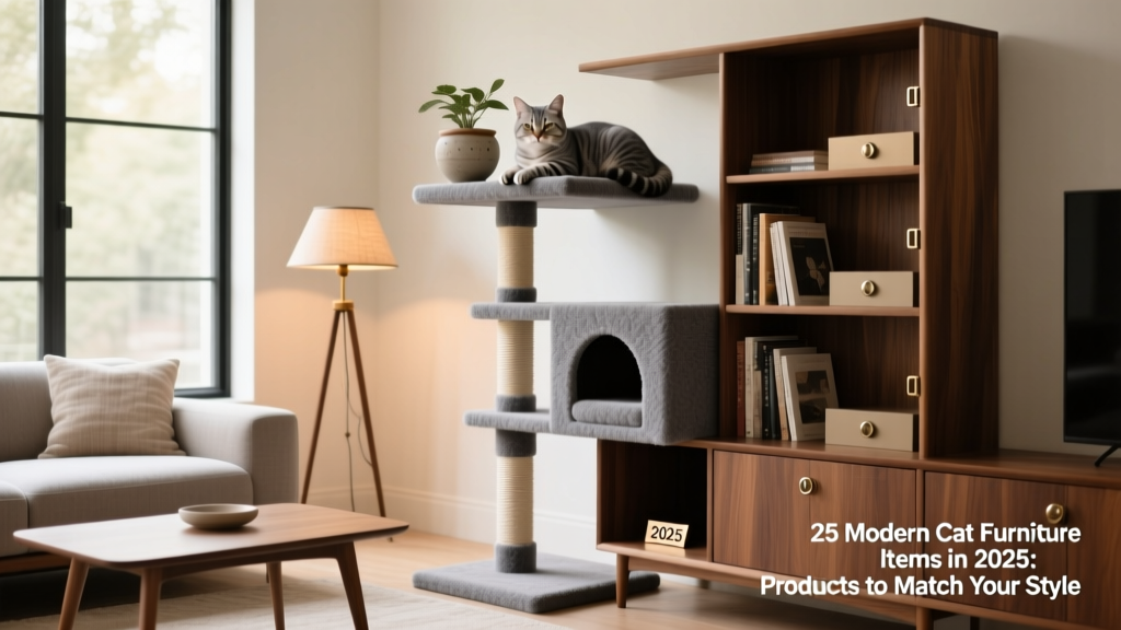 A sleek, modern living room with a gray modular cat tree integrated into a bookshelf unit, blending seamlessly with mid-century decor