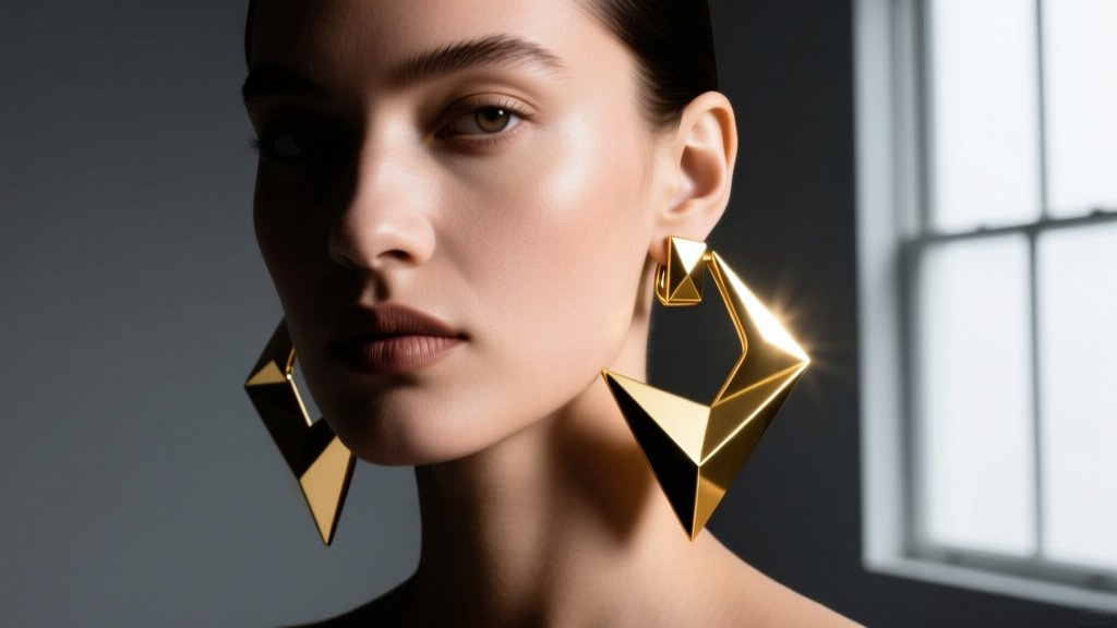 Model wearing sculptural 14k gold asymmetric hoop earrings designs with sharp geometric angles in a moody studio portrait