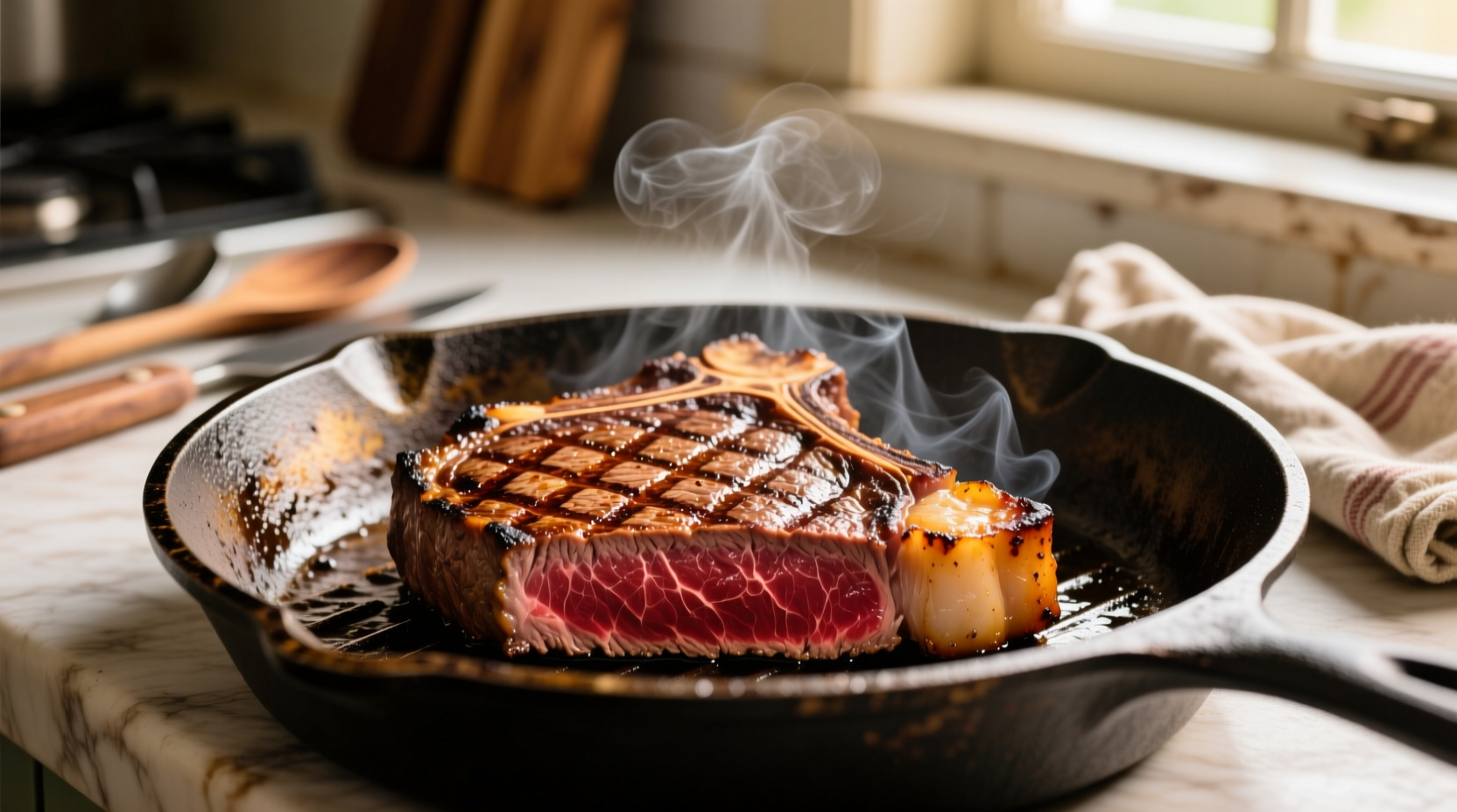 Perfectly seared flank steak on cast iron skillet