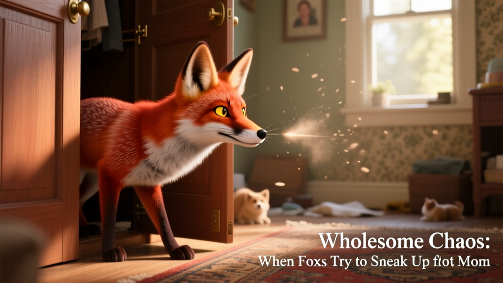 Side profile of the fox frozen mid-crouch beside a half-open closet door, ears forward, eyes locked on target