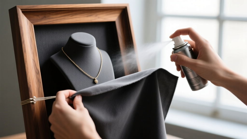 Hands stretching dark grey anti-tarnish cloth over a wooden jewelry frame and securing the edges with a non-toxic adhesive spray
