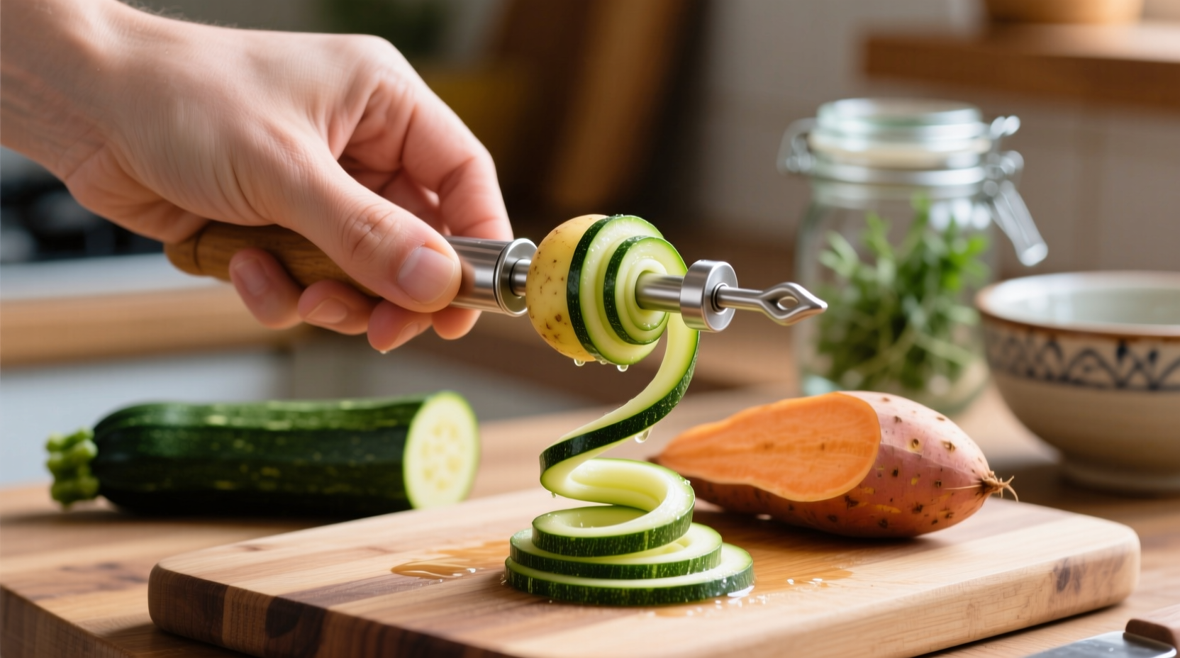 Hand using potato twister to create vegetable spirals