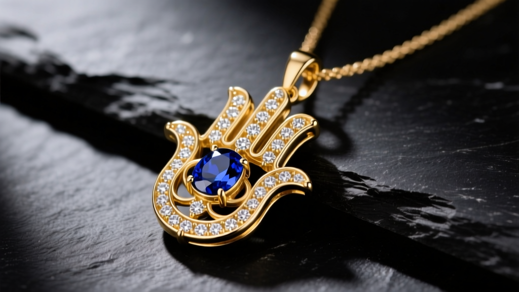 Close-up of a 14k gold hamsa hand with evil eye necklace on dark slate, highlighting a sapphire center and diamond accents.