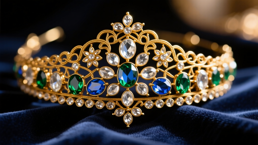 Macro shot of traditional Kundan setting showing uncut glass stones set in gold foil on a vintage Matha Patti headpiece on velvet