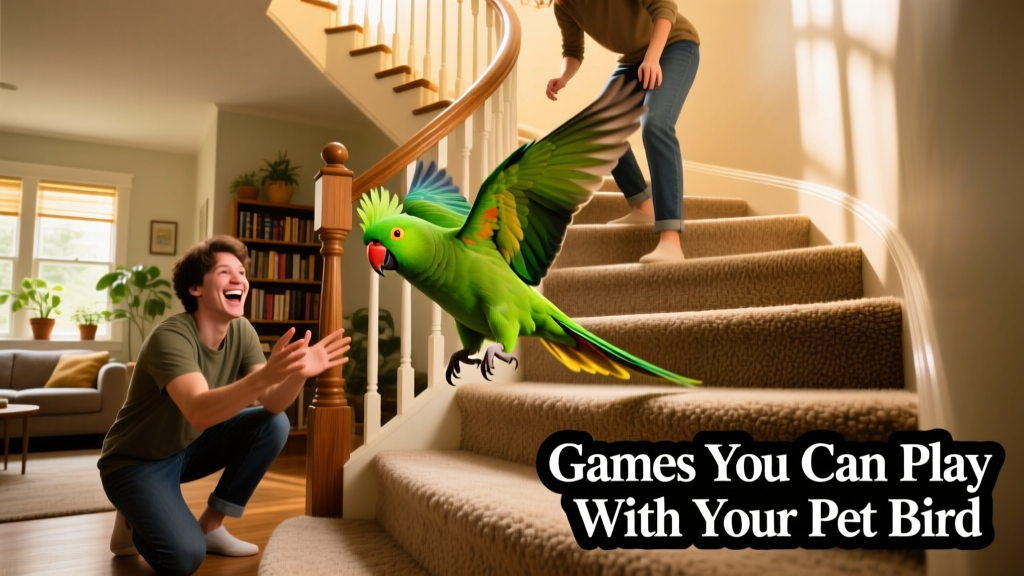 Two people playing Staircase Dash with a green parrot descending carpeted stairs
