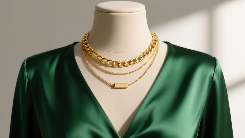 Elegant 18k gold bar chain necklace layered with delicate cable chain, resting on a mannequin wearing a deep V-neck silk blouse