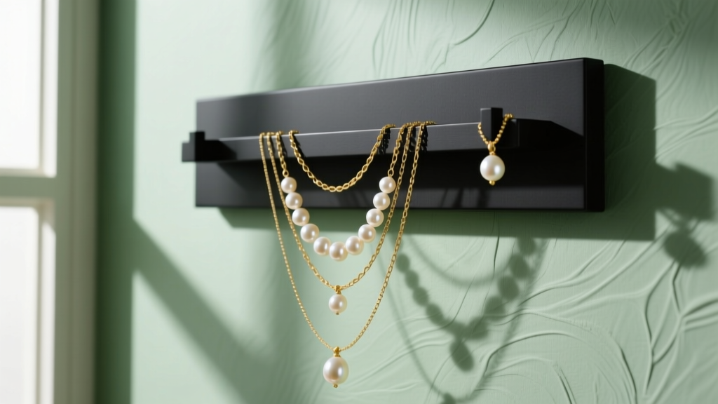 Sleek matte black wall mount necklace holder displaying gold chains and pearl pendants against a sage green wall.