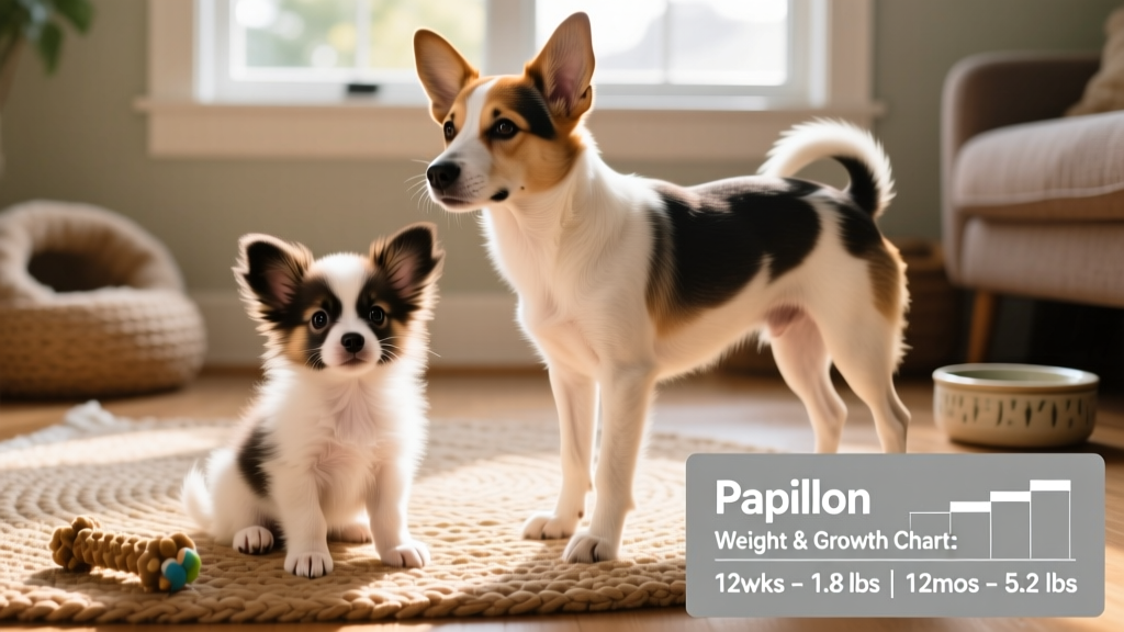 Side-by-side comparison of a Papillon puppy at 12 weeks and the same dog at 12 months, highlighting proportional growth and refined features