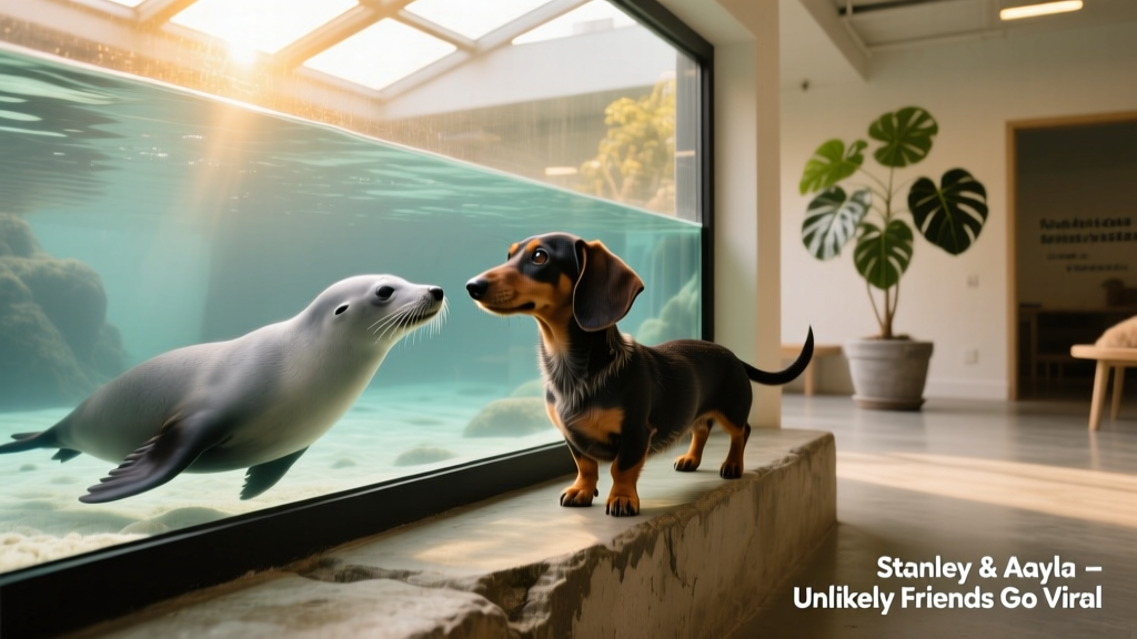Stanley the Dachshund standing on a ledge beside a large aquarium tank, gazing into the water where Aayla the seal swims nearby