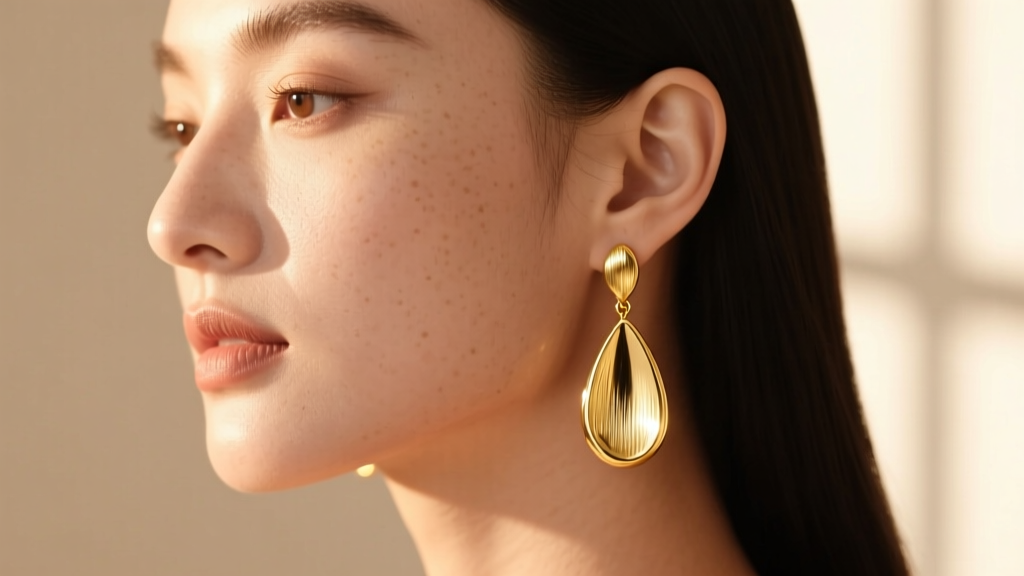 Close-up of a woman wearing 14k solid gold teardrop dangle earrings, catching warm sunlight against a soft neutral studio background