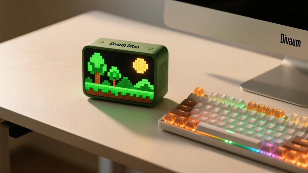 Divoom Ditoo pixel art speaker displaying a retro 8-bit green landscape next to a mechanical keyboard on a clean minimalist desk.